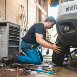 Mechaniker kniet am Reifen eines Busses, führt eine Reparatur mit Werkzeug durch