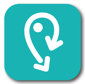 RufMobil-App-Icon auf türkisem Hintergrund, weißer Pin mit Pfeil nach unten.