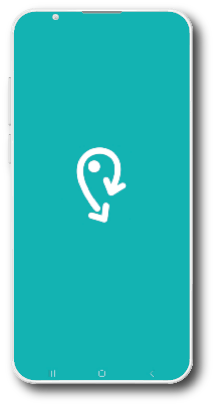 App-Splashscreen mit weißem Icon eines Kartenpins mit Pfeil auf türkisem Hintergrund.