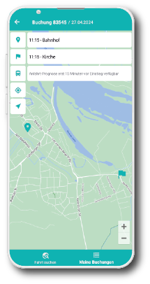 Screenshot einer Buchungsmaske: Bahnhof – Kirche mit Datumsauswahl und Buchungsbutton.
